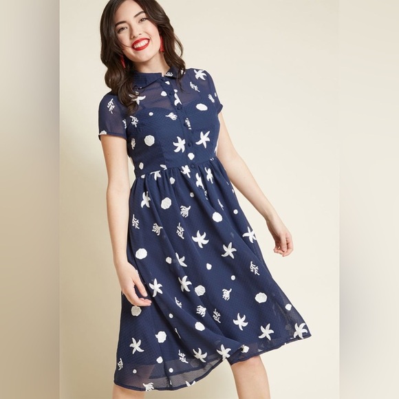Voodoo Vixen Dresses & Skirts - Voodoo Vixen Mary Under the Sea Printed Navy Blue White Flare Retro Dress Small